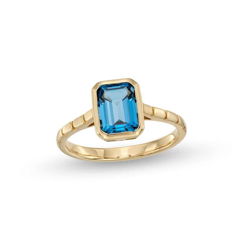 Main Image 1 of Emerald-Cut London Blue Topaz Solitaire Ribbed Shank Ring in 10K Gold