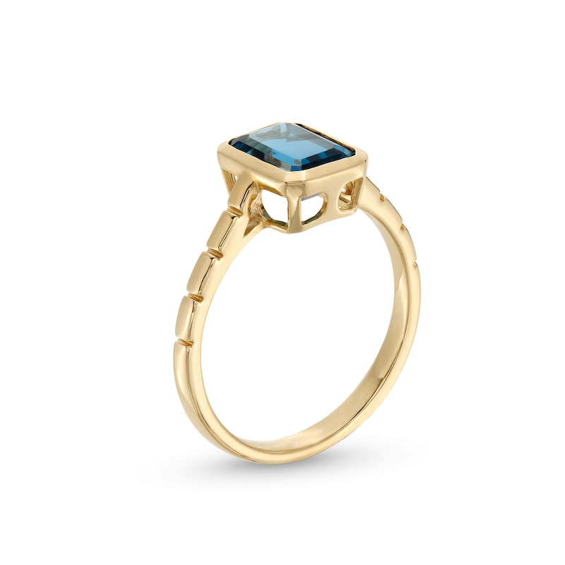 Main Image 3 of Emerald-Cut London Blue Topaz Solitaire Ribbed Shank Ring in 10K Gold
