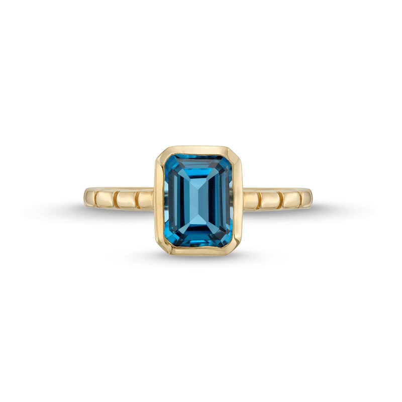 Main Image 4 of Emerald-Cut London Blue Topaz Solitaire Ribbed Shank Ring in 10K Gold
