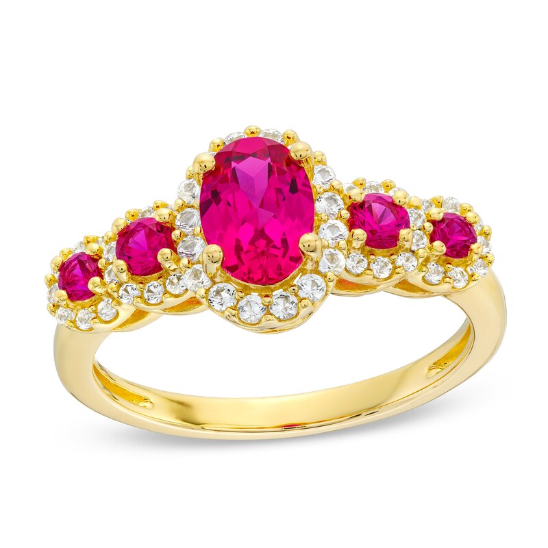 Main Image 1 of Oval and Round Lab-Created Ruby with White Lab-Created Sapphire Five Stone Ring in Sterling Silver with 14K Gold Plate