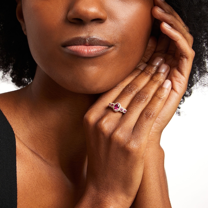 Main Image 2 of Oval and Round Lab-Created Ruby with White Lab-Created Sapphire Five Stone Ring in Sterling Silver with 14K Gold Plate