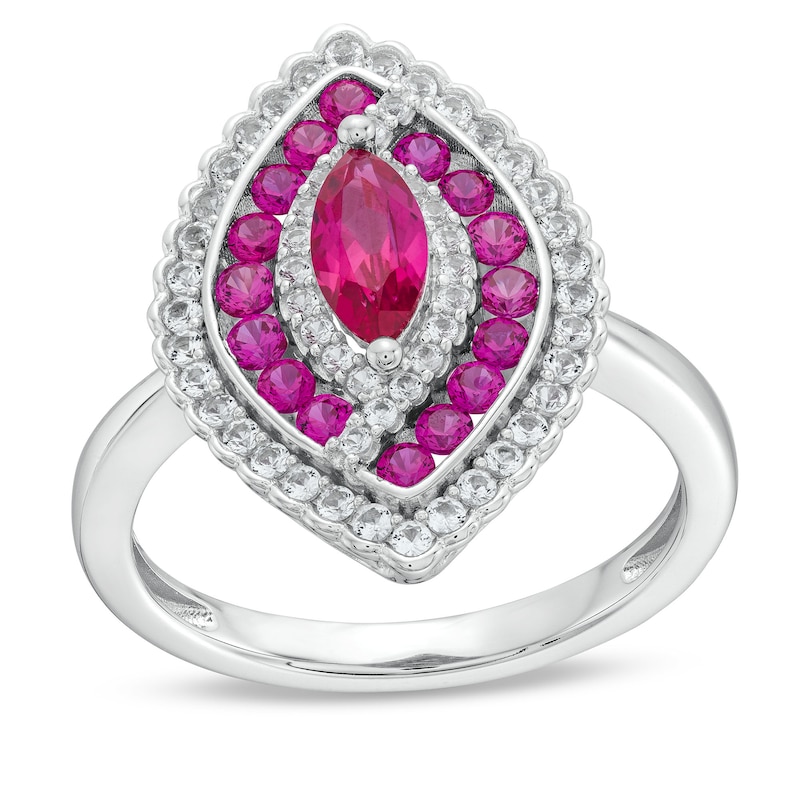 Marquise Lab-Created Ruby and White Lab-Created Sapphire Bypass Scallop Frame Ring in Sterling Silver