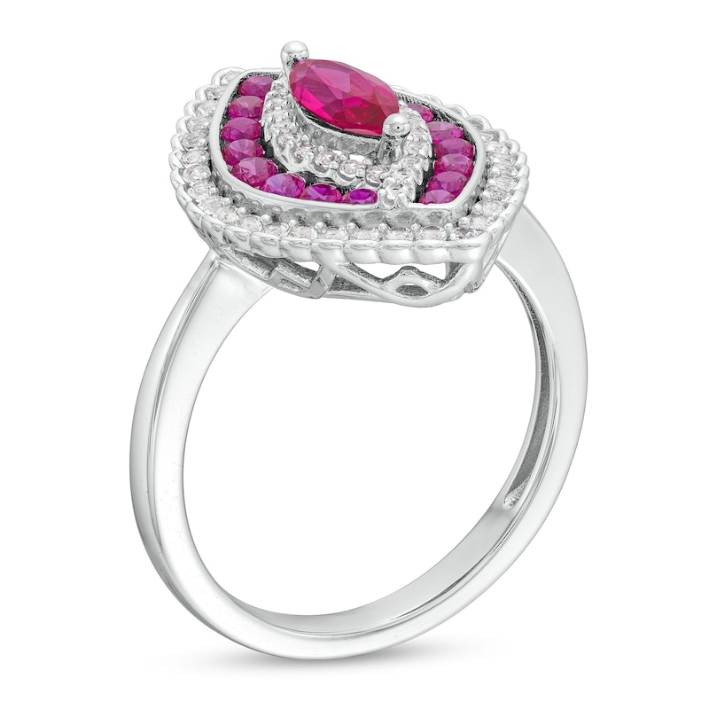 Marquise Lab-Created Ruby and White Lab-Created Sapphire Bypass Scallop Frame Ring in Sterling Silver