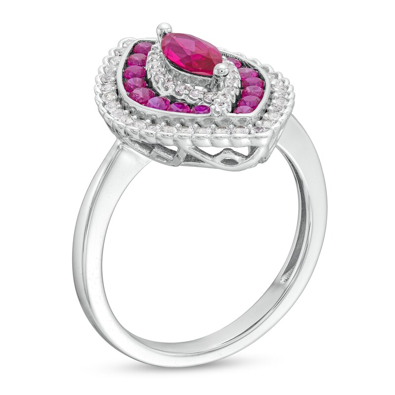 Marquise Lab-Created Ruby and White Lab-Created Sapphire Bypass Scallop Frame Ring in Sterling Silver