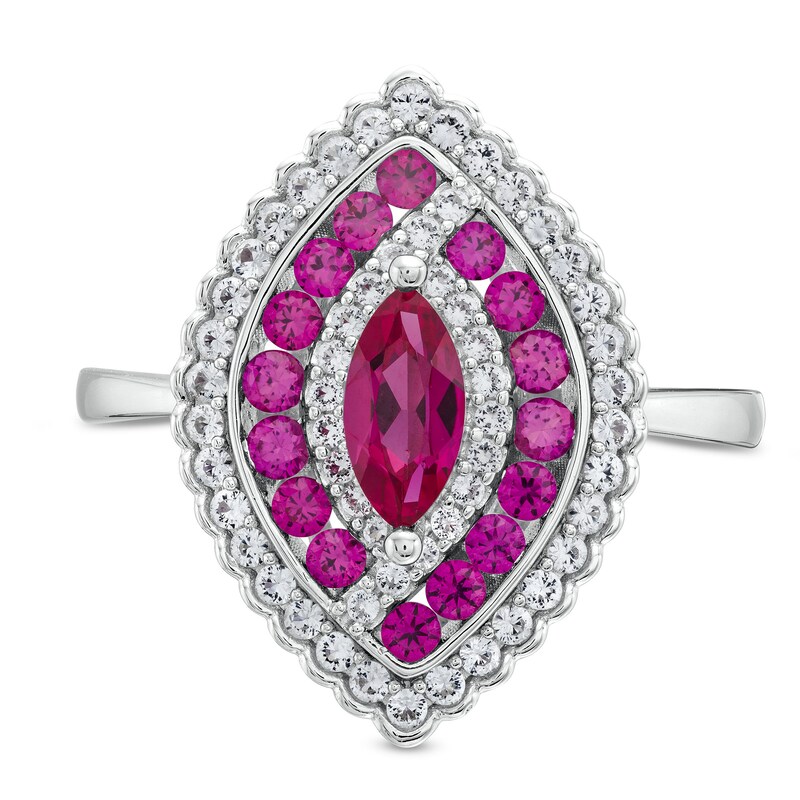 Marquise Lab-Created Ruby and White Lab-Created Sapphire Bypass Scallop Frame Ring in Sterling Silver