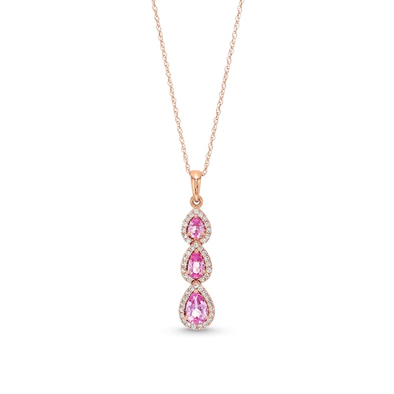 Pear-Shaped Pink and White Lab-Created Sapphire Frame Three Stone Linear Drop Pendant in 10K Rose Gold