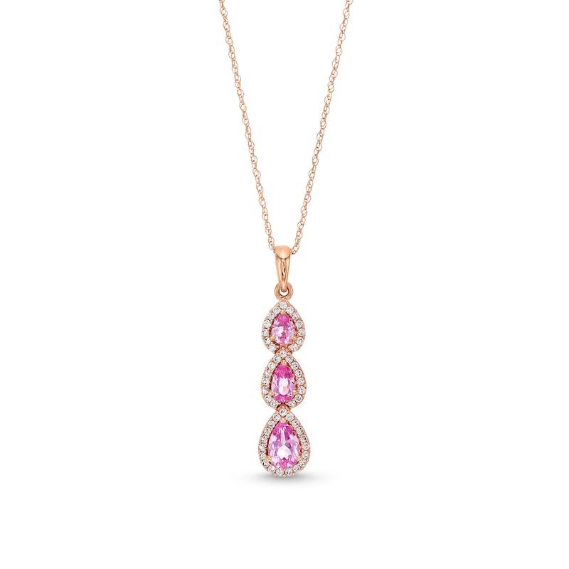 Main Image 1 of Pear-Shaped Pink and White Lab-Created Sapphire Frame Three Stone Linear Drop Pendant in 10K Rose Gold