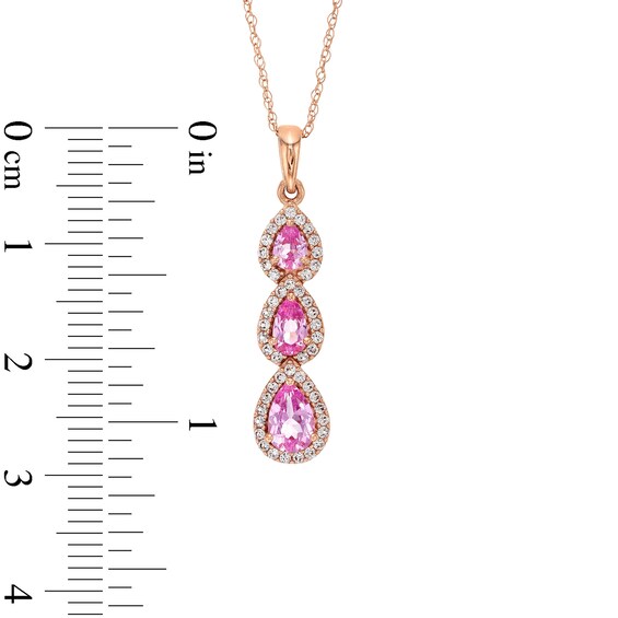 Pear-Shaped Pink and White Lab-Created Sapphire Frame Three Stone Linear Drop Pendant in 10K Rose Gold