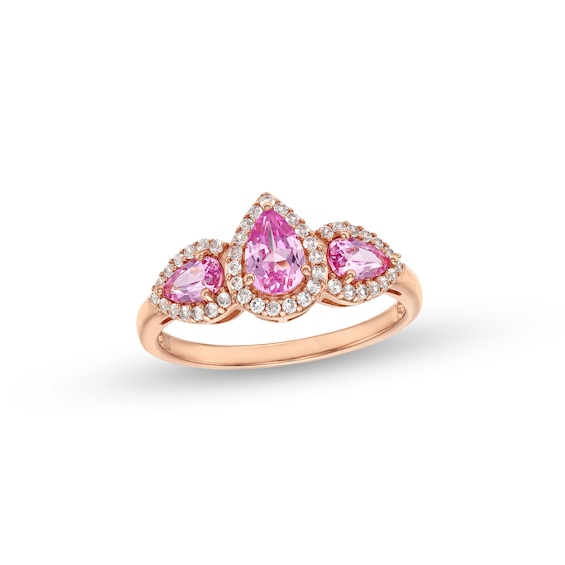 Pear-Shaped Pink and White Lab-Created Sapphire Frame Three Stone Ring in 10K Rose Gold