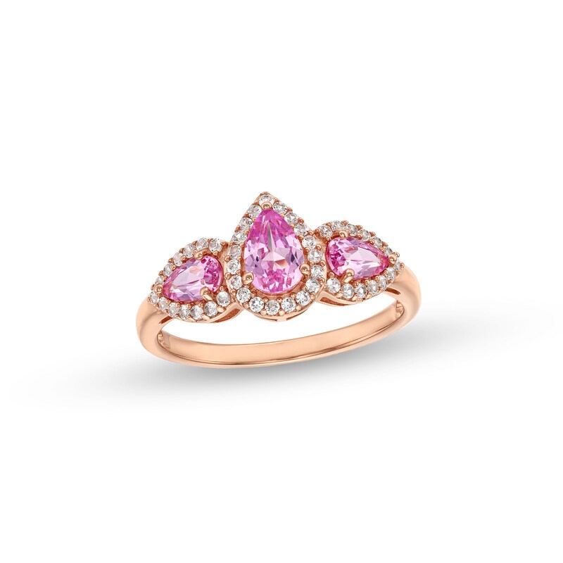 Main Image 1 of Pear-Shaped Pink and White Lab-Created Sapphire Frame Three Stone Ring in 10K Rose Gold