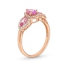 Thumbnail Image 3 of Pear-Shaped Pink and White Lab-Created Sapphire Frame Three Stone Ring in 10K Rose Gold