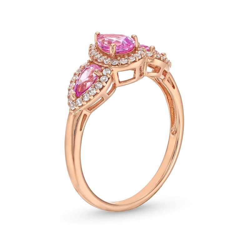 Main Image 3 of Pear-Shaped Pink and White Lab-Created Sapphire Frame Three Stone Ring in 10K Rose Gold