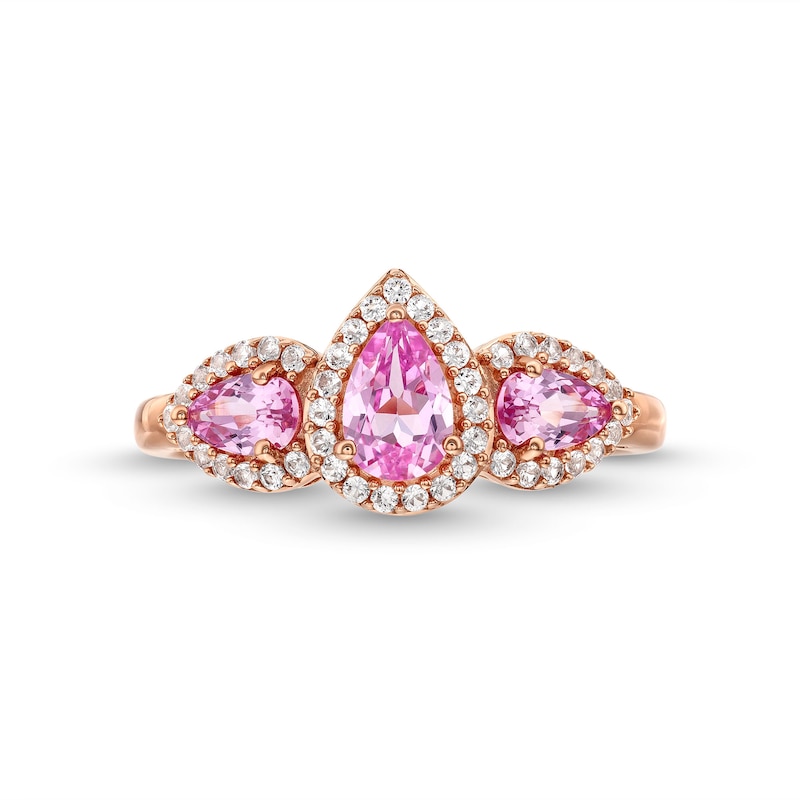 Main Image 4 of Pear-Shaped Pink and White Lab-Created Sapphire Frame Three Stone Ring in 10K Rose Gold