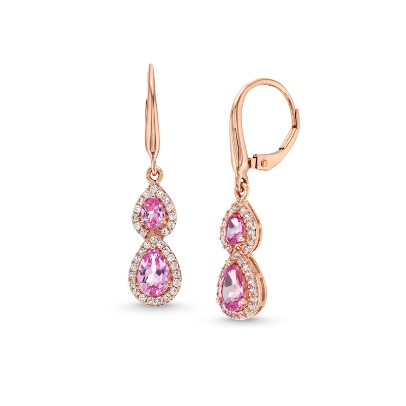 Main Image 1 of Pear-Shaped Pink and White Lab-Created Sapphire Frame Double Drop Earrings in 10K Rose Gold