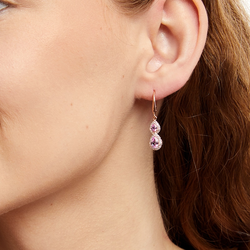 Main Image 2 of Pear-Shaped Pink and White Lab-Created Sapphire Frame Double Drop Earrings in 10K Rose Gold