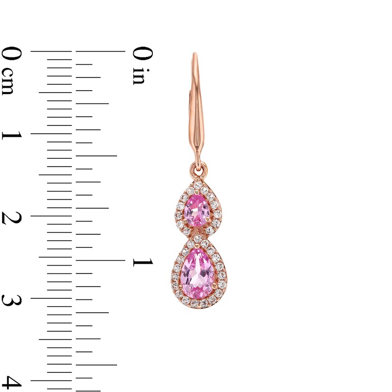 Main Image 3 of Pear-Shaped Pink and White Lab-Created Sapphire Frame Double Drop Earrings in 10K Rose Gold