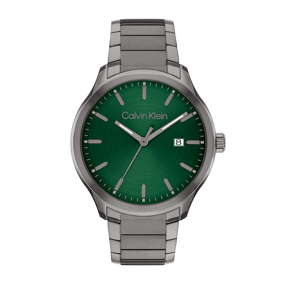 Menâs Calvin Klein Grey IP Watch with Green Dial (Model: 25200350)