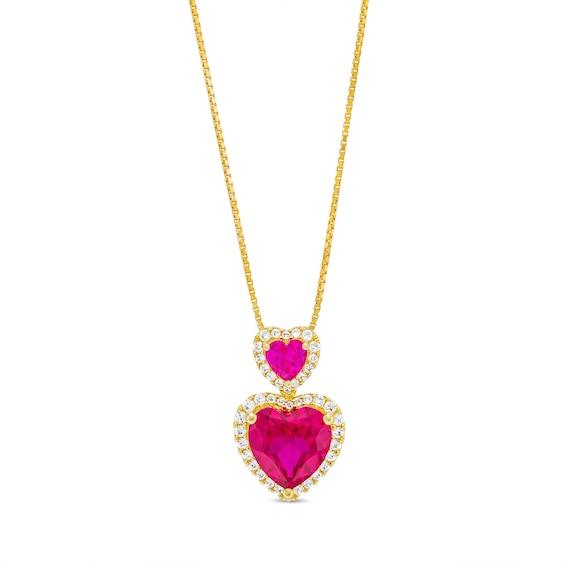 Lab-Created Ruby and White Lab-Created Sapphire Frame Double Heart Necklace in Sterling Silver with 14K Gold Plate