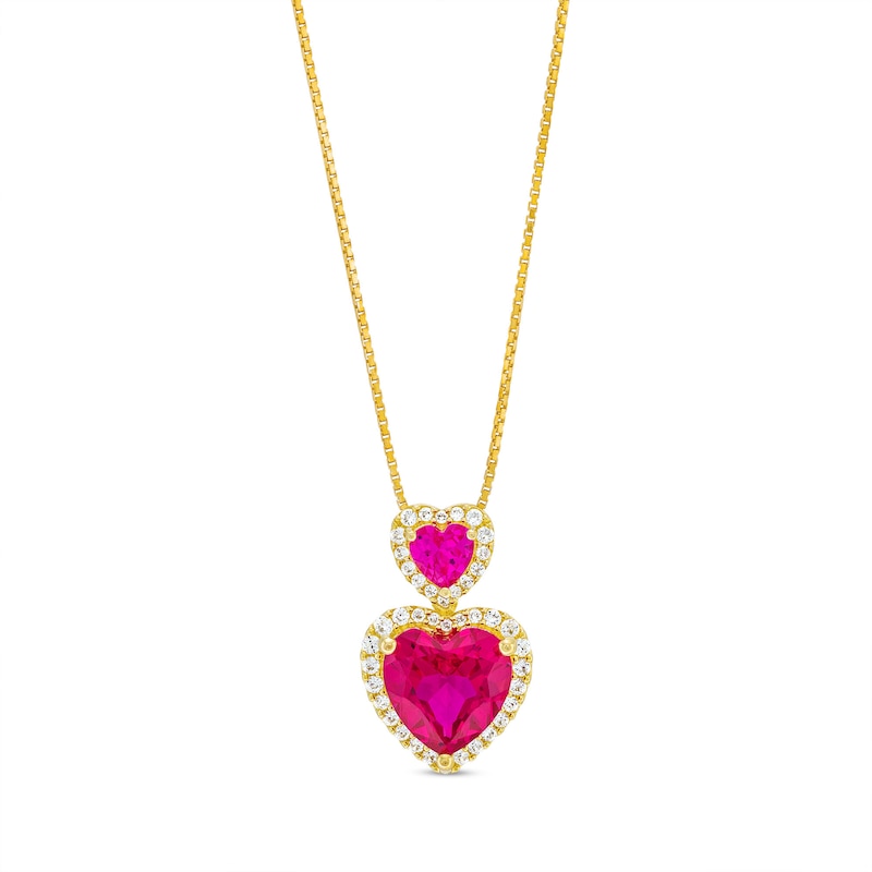 Main Image 1 of Lab-Created Ruby and White Lab-Created Sapphire Frame Double Heart Necklace in Sterling Silver with 14K Gold Plate
