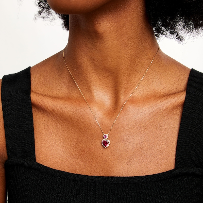 Main Image 2 of Lab-Created Ruby and White Lab-Created Sapphire Frame Double Heart Necklace in Sterling Silver with 14K Gold Plate
