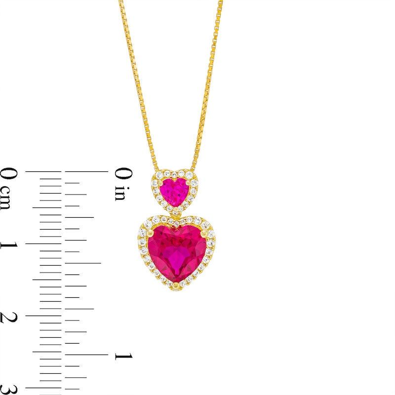 Main Image 3 of Lab-Created Ruby and White Lab-Created Sapphire Frame Double Heart Necklace in Sterling Silver with 14K Gold Plate
