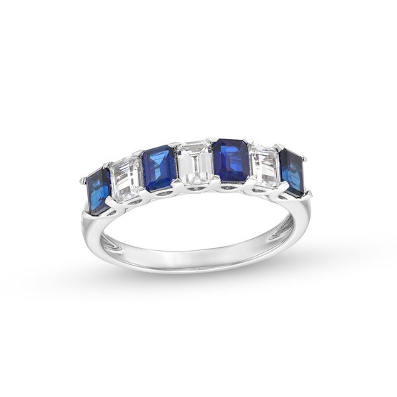 Emerald-Cut Blue and White Lab-Created Sapphire Alternating Seven Stone Band in 10K White Gold
