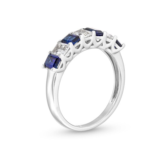 Emerald-Cut Blue and White Lab-Created Sapphire Alternating Seven Stone Band in 10K White Gold