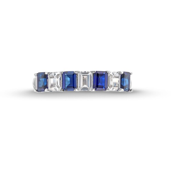 Emerald-Cut Blue and White Lab-Created Sapphire Alternating Seven Stone Band in 10K White Gold