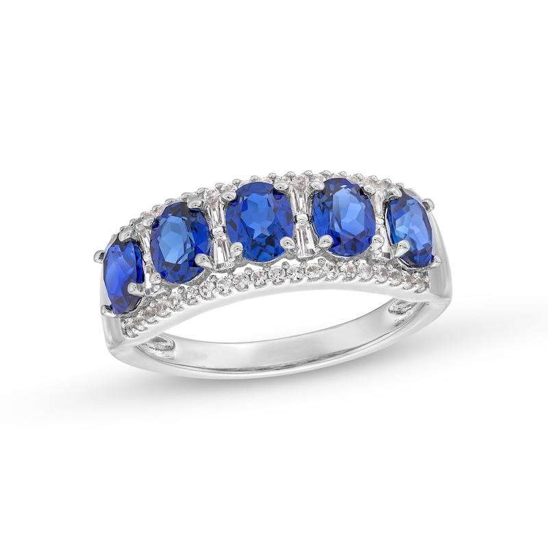 Oval Blue Lab-Created Sapphire and 1/4 CT. T.W. Diamond Column Five Stone Ring in 10K White Gold