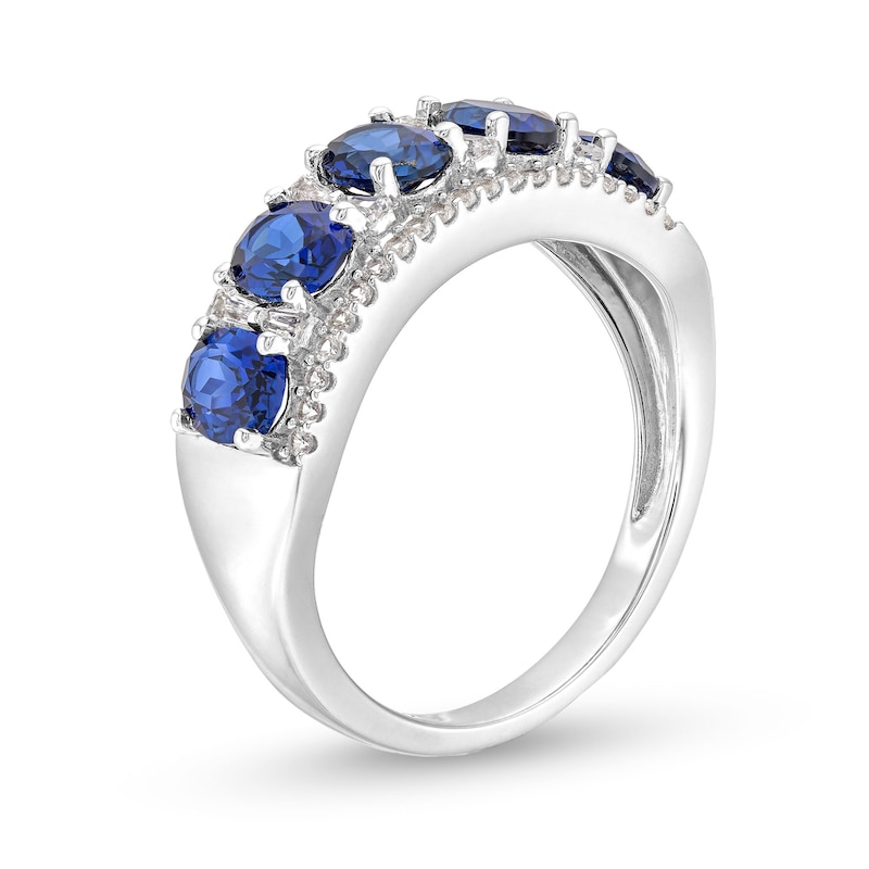 Oval Blue Lab-Created Sapphire and 1/4 CT. T.W. Diamond Column Five Stone Ring in 10K White Gold