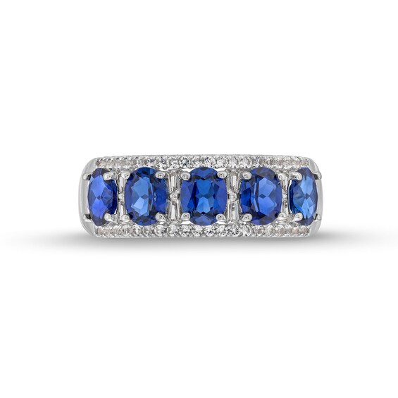 Oval Blue Lab-Created Sapphire and 1/4 CT. T.w. Diamond Column Five Stone Ring in 10K White Gold