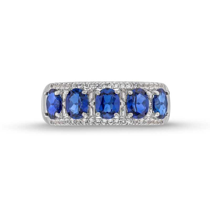 Oval Blue Lab-Created Sapphire and 1/4 CT. T.W. Diamond Column Five Stone Ring in 10K White Gold