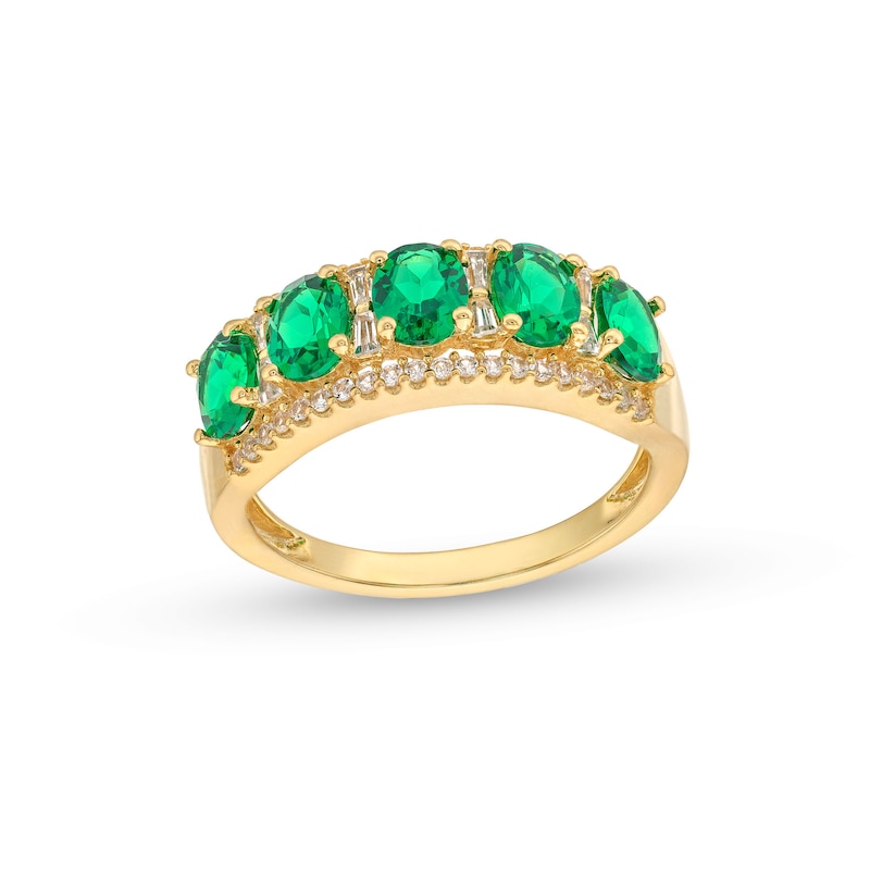 Main Image 1 of Oval Lab-Created Emerald and 1/4 CT. T.W. Diamond Column Five Stone Ring in 10K Gold