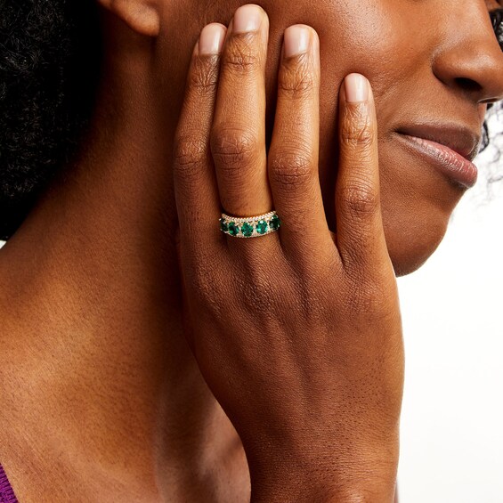 Oval Lab-Created Emerald and 1/4 CT. T.w. Diamond Column Five Stone Ring in 10K Gold