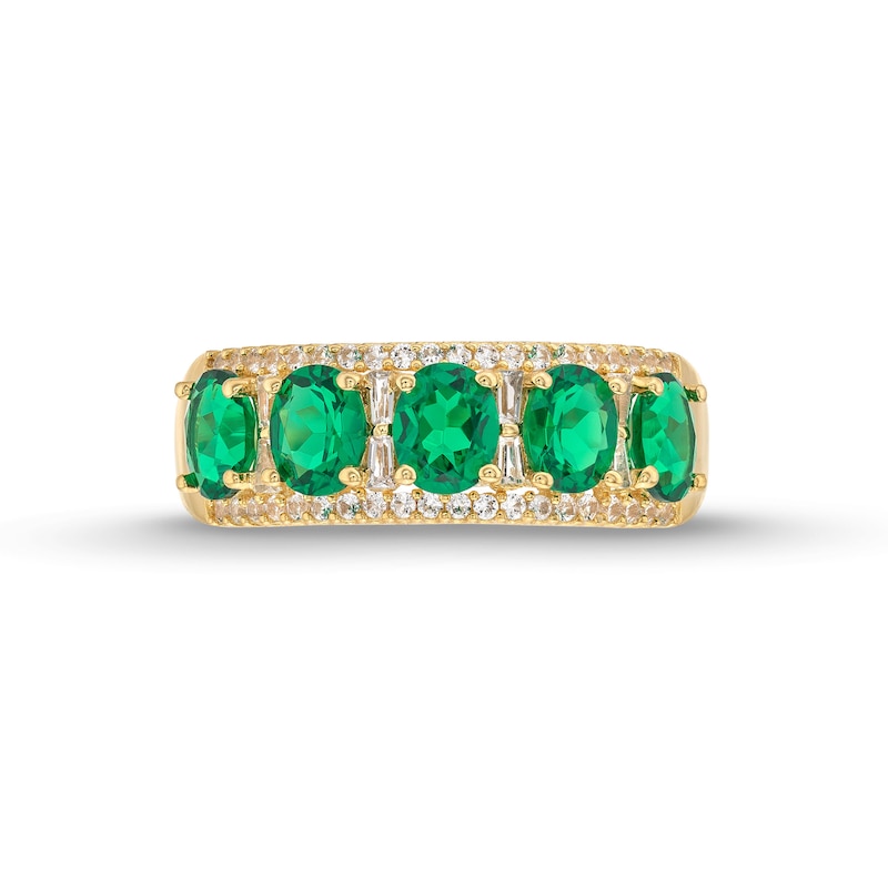 Main Image 4 of Oval Lab-Created Emerald and 1/4 CT. T.W. Diamond Column Five Stone Ring in 10K Gold