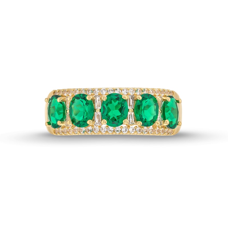 Oval Lab-Created Emerald and 1/4 CT. T.W. Diamond Column Five Stone Ring in 10K Gold