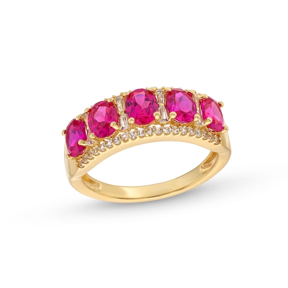 Oval Lab-Created Ruby and 1/4 CT. T.w. Diamond Column Five Stone Ring in 10K Gold
