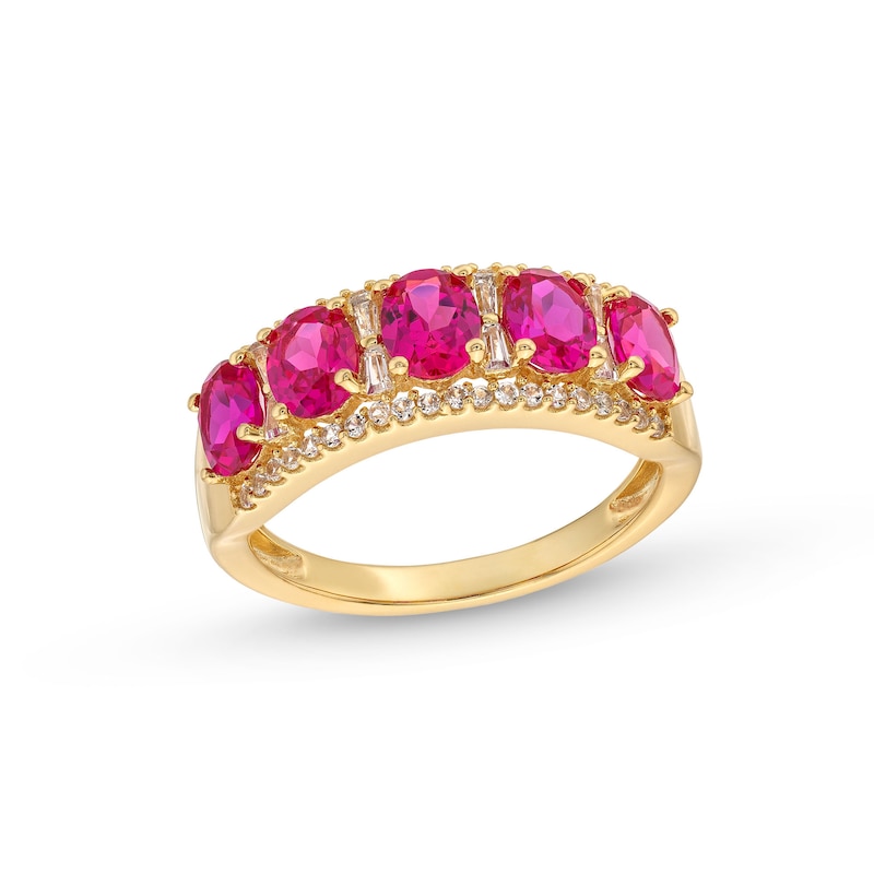 Main Image 1 of Oval Lab-Created Ruby and 1/4 CT. T.W. Diamond Column Five Stone Ring in 10K Gold