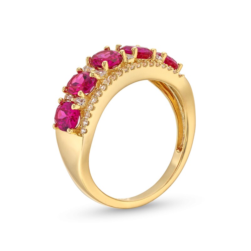 Main Image 3 of Oval Lab-Created Ruby and 1/4 CT. T.W. Diamond Column Five Stone Ring in 10K Gold