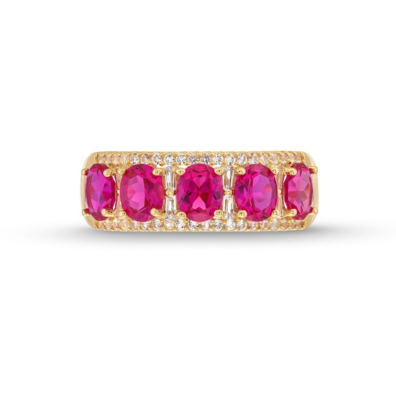 Oval Lab-Created Ruby and 1/4 CT. T.w. Diamond Column Five Stone Ring in 10K Gold