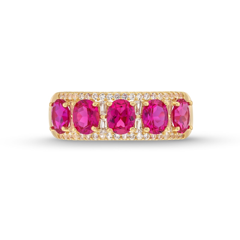 Main Image 4 of Oval Lab-Created Ruby and 1/4 CT. T.W. Diamond Column Five Stone Ring in 10K Gold