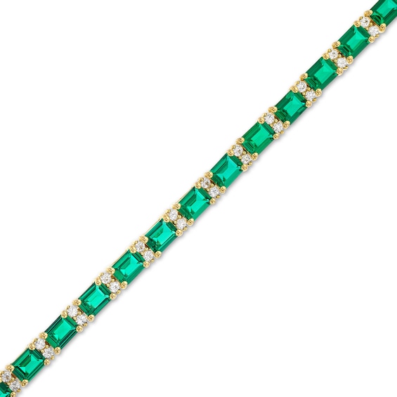 Emerald-Cut Lab-Created Emerald and White Lab-Created Sapphire Alternating Bracelet in Sterling Silver with Gold Plate