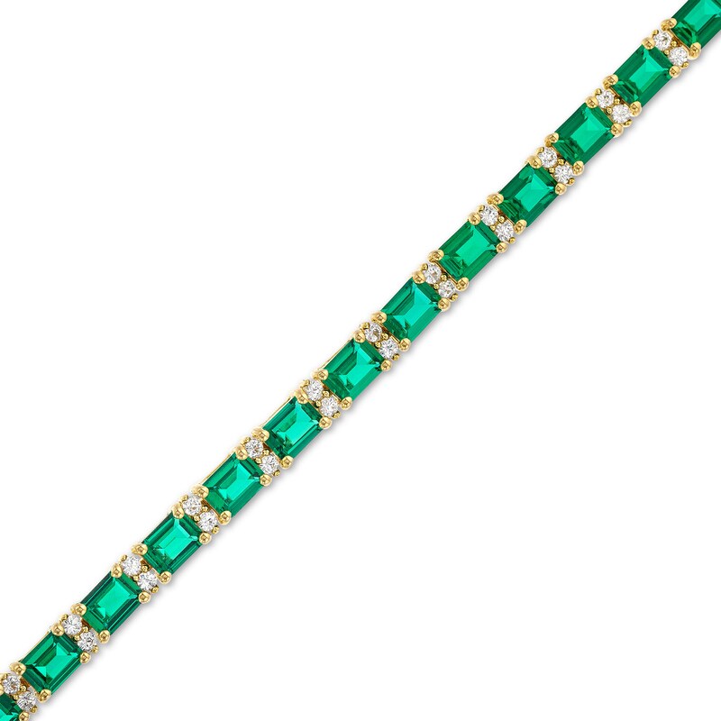 Main Image 1 of Emerald-Cut Lab-Created Emerald and White Lab-Created Sapphire Alternating Bracelet in Sterling Silver with Gold Plate