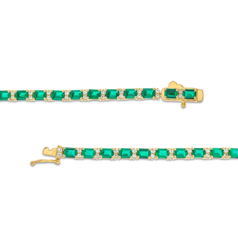 Main Image 3 of Emerald-Cut Lab-Created Emerald and White Lab-Created Sapphire Alternating Bracelet in Sterling Silver with Gold Plate