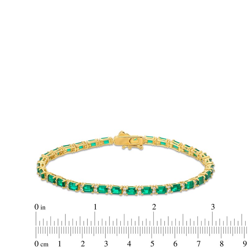 Main Image 4 of Emerald-Cut Lab-Created Emerald and White Lab-Created Sapphire Alternating Bracelet in Sterling Silver with Gold Plate