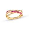 Thumbnail Image 0 of Princess-Cut Lab-Created Ruby and 1/5 CT. T.W. Diamond Criss-Cross Ring in 10K Gold