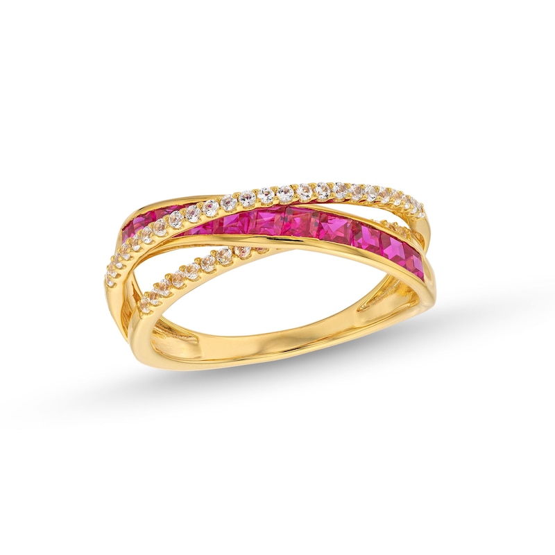 Princess-Cut Lab-Created Ruby and 1/5 CT. T.W. Diamond Criss-Cross Ring in 10K Gold