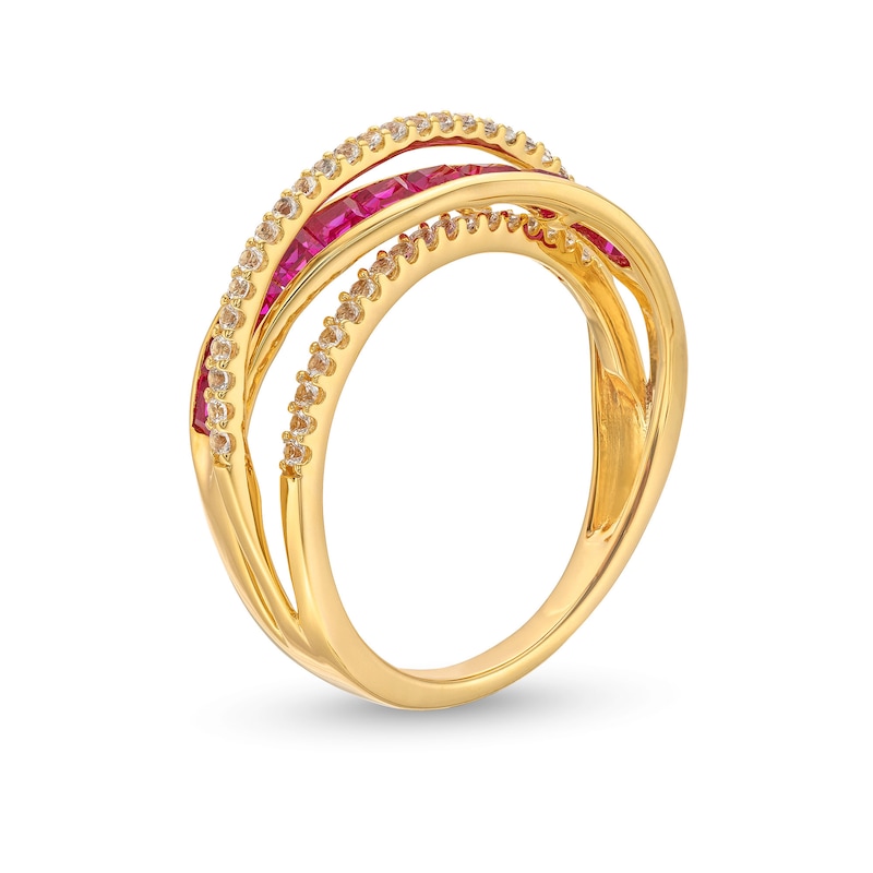 Princess-Cut Lab-Created Ruby and 1/5 CT. T.W. Diamond Criss-Cross Ring in 10K Gold