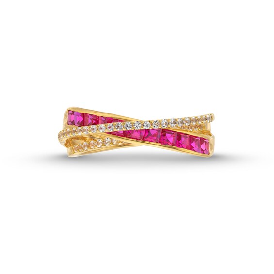 Princess-Cut Lab-Created Ruby and 1/5 CT. T.w. Diamond Criss-Cross Ring in 10K Gold