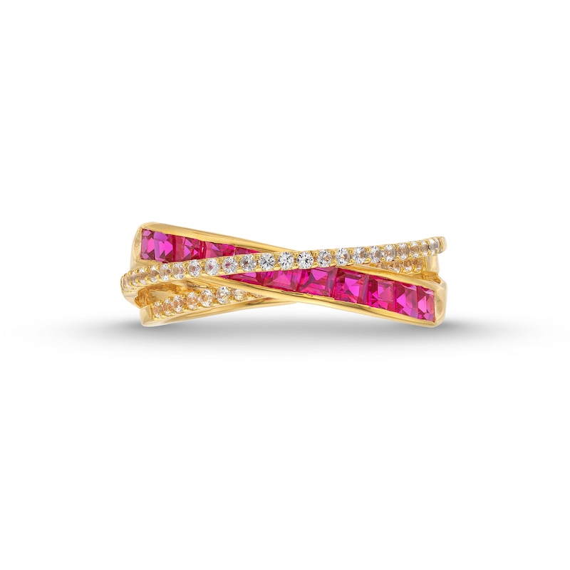 Princess-Cut Lab-Created Ruby and 1/5 CT. T.W. Diamond Criss-Cross Ring in 10K Gold